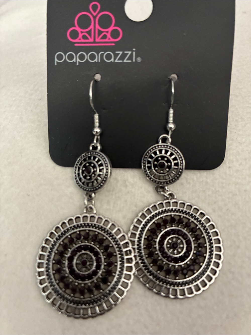 paparazzi Silver and Black Circular Filigree Drop Earrings